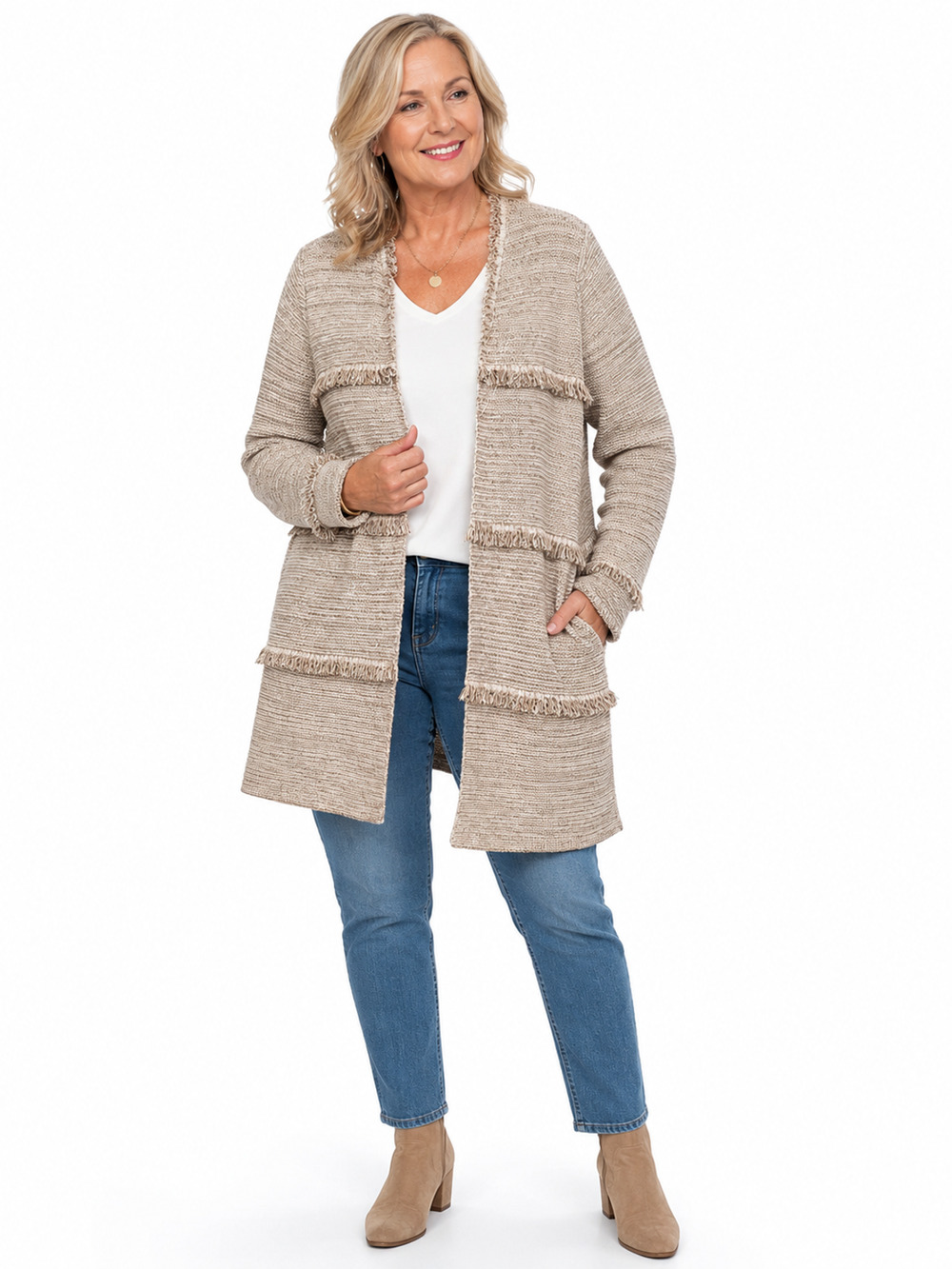 Chico’s Sweater Cardigan Womens Size XL-3 Trim Metallic Open Front Boho Travel